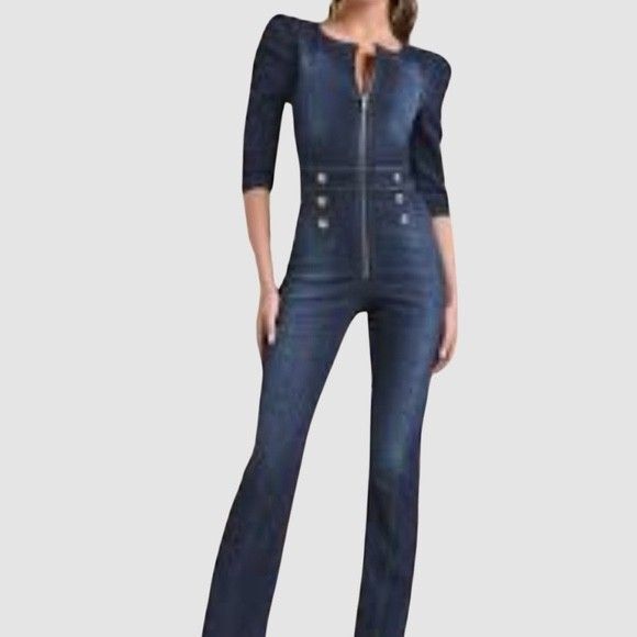 Retro 70s Y2K inspired Denim Jumpsuit Puff 3/4 Sleeve by Venus Sz 14 - Picture 1 of 7